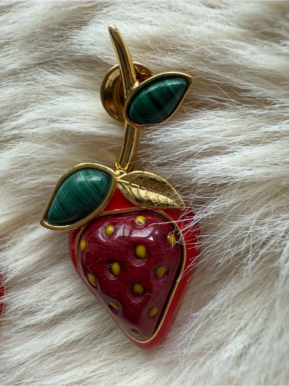 Gold-Tone Strawberry Drop Earrings with Red and Green Enamel